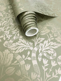 Papel Tapiz Verde Grisáceo con Dorado Diseño Espejo Floral Metálico