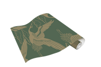 Papel Tapiz Verde Oliva con Dorado Diseño Aves Metálicas