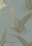 Papel Tapiz Azul Grisáceo con Dorado Diseño Aves Metálicas