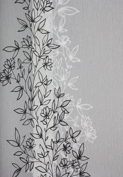 Papel Tapiz Gris con Líneas de Flores Negras y Blancas