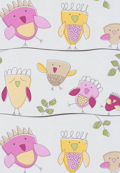 Papel Tapiz Infantil Fondo Blanco Diseño Pollitos Rosas